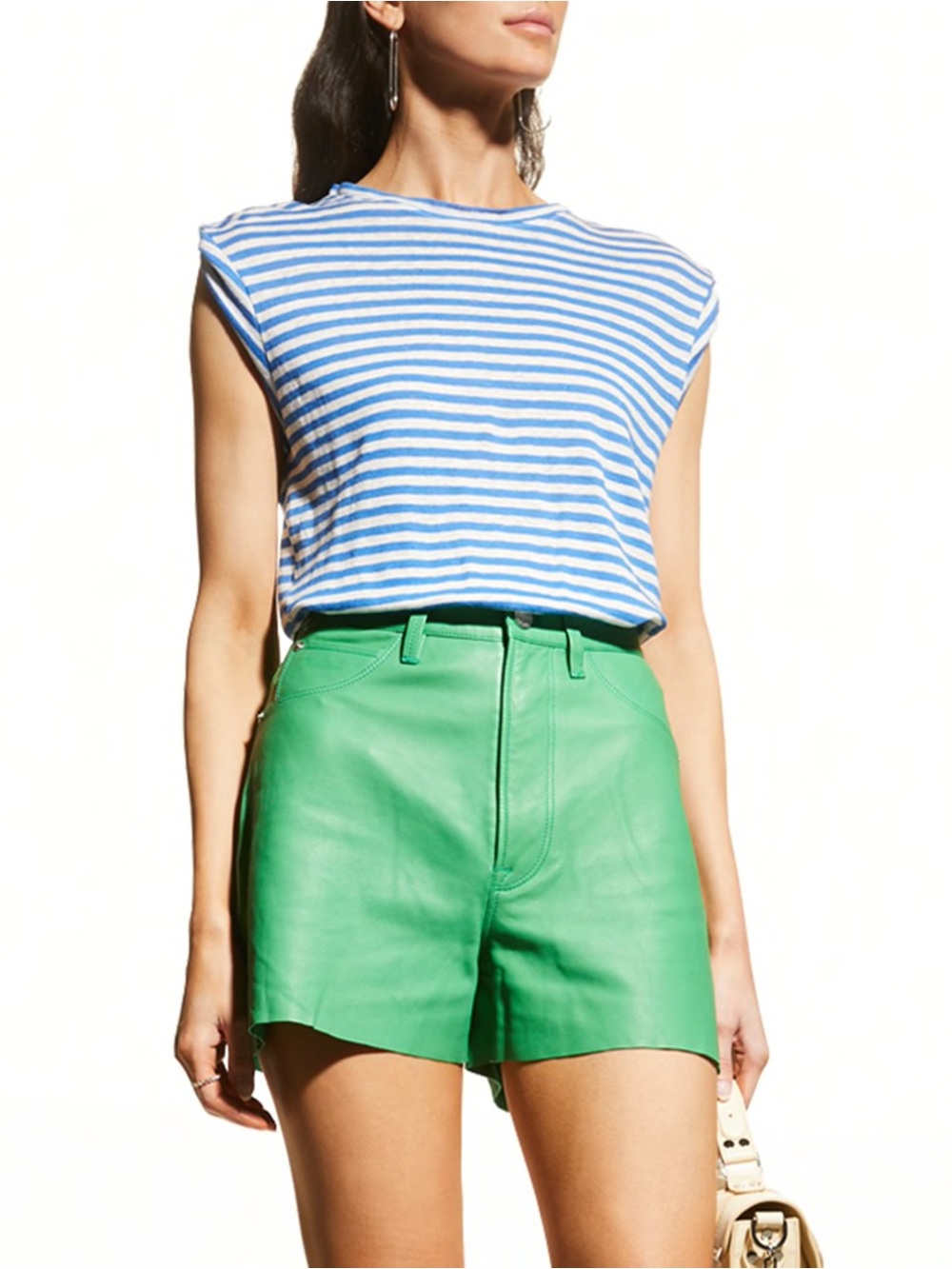 Frame Striped Organic Linen Roll Cuff Muscle Tee Blue White XS NEW Marine